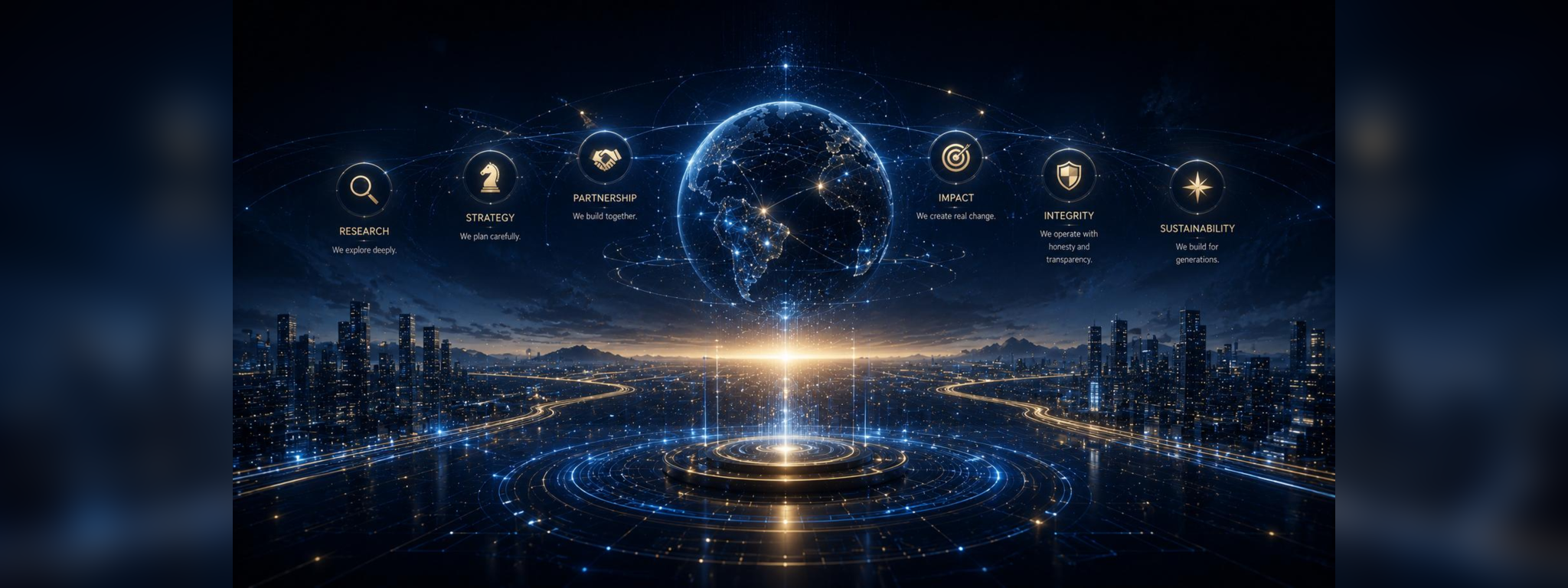 Layered digital infrastructure architecture connecting cloud, applications, data, networks, security, and global systems