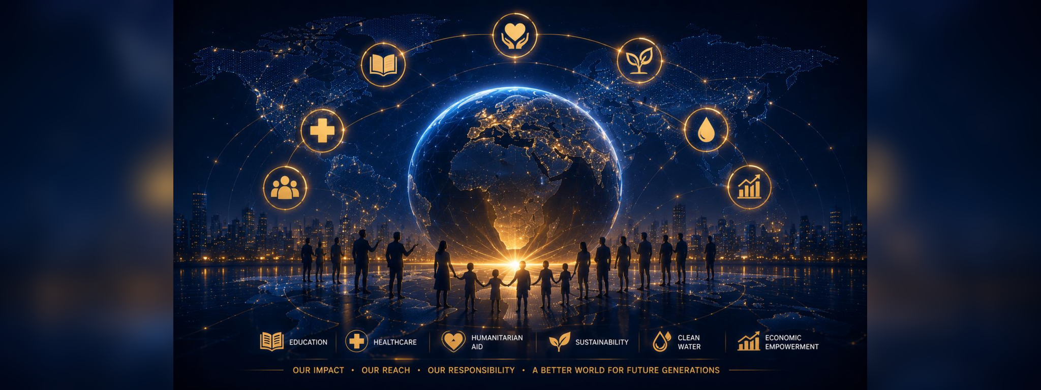 Global impact ecosystem connecting education, healthcare, humanitarian aid, sustainability, clean water, and economic empowerment