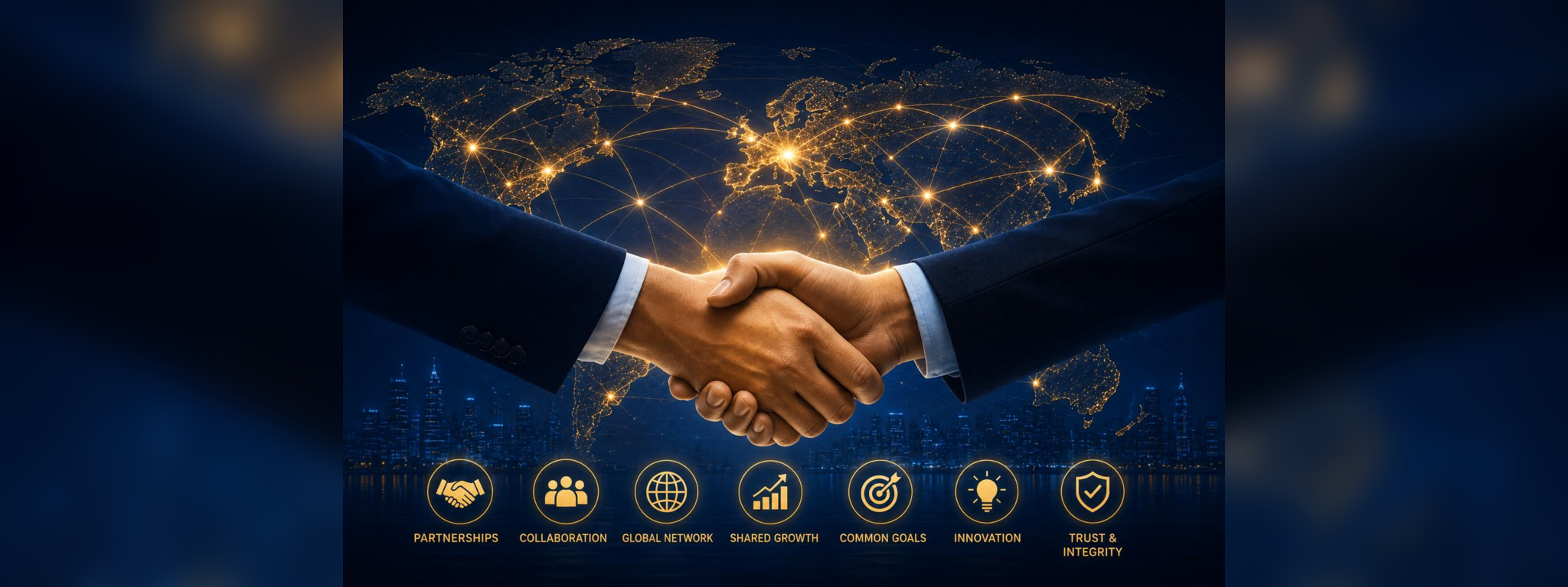 Global partnership handshake connected by an international digital network