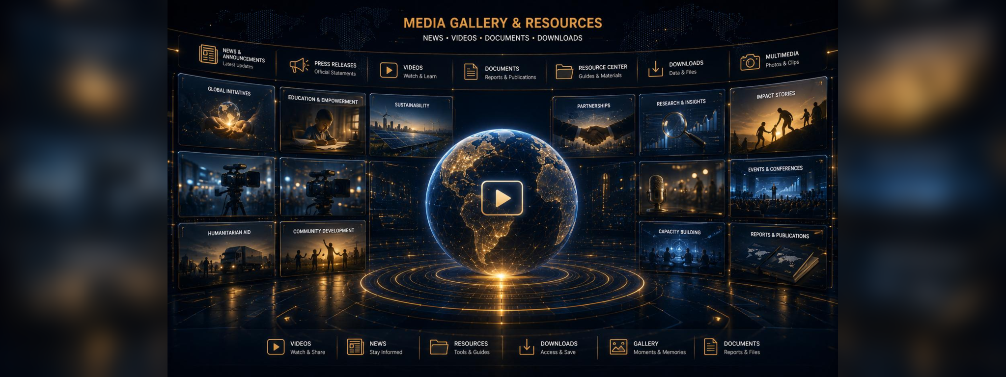 Global media gallery and resource center with verified videos, documents, downloads, news, and institutional content