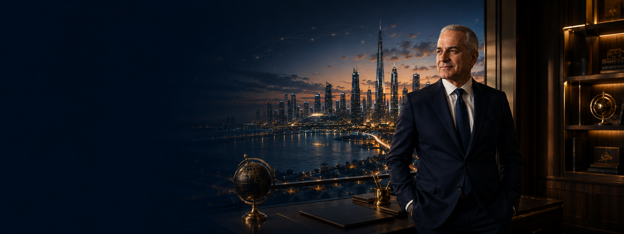 A distinguished founder in a premium executive office overlooking a connected global city at sunset
