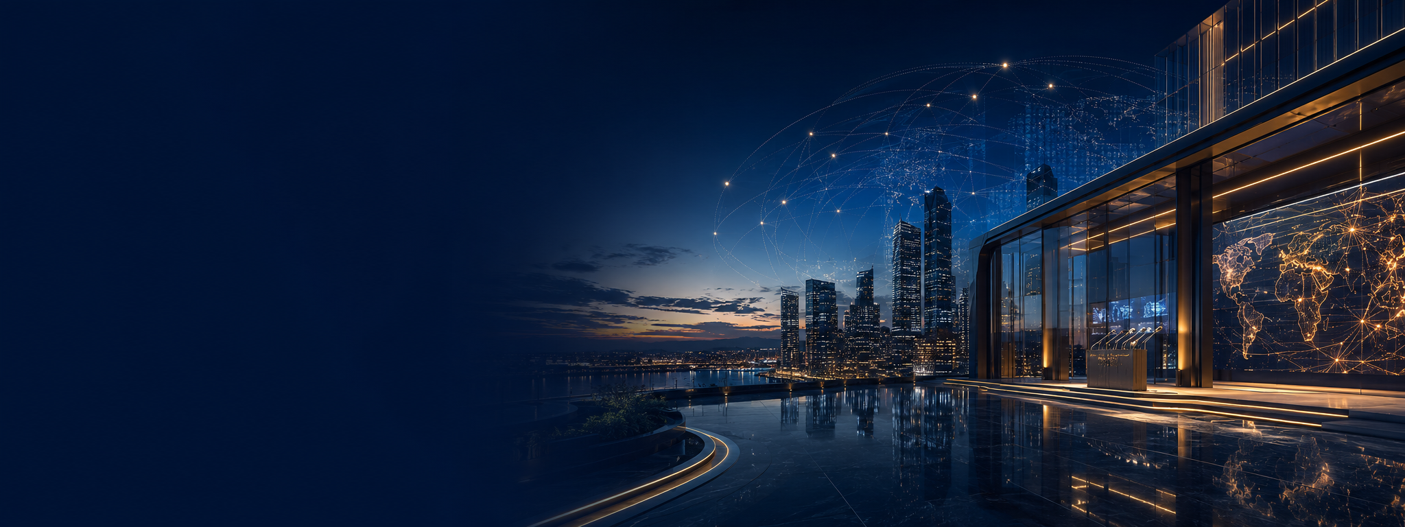 A sharp futuristic cityscape at dusk representing corporate citizenship, social responsibility, and institutional contribution