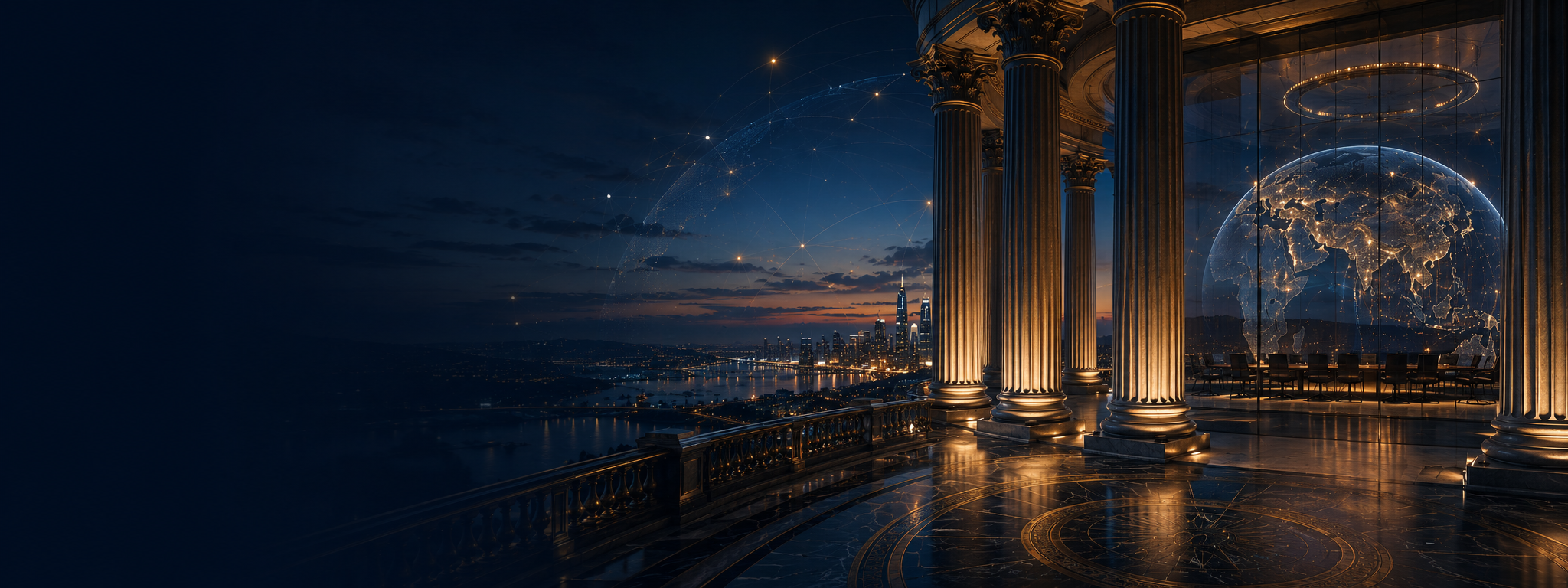 A grand institutional governance environment representing structure, continuity, and principled oversight