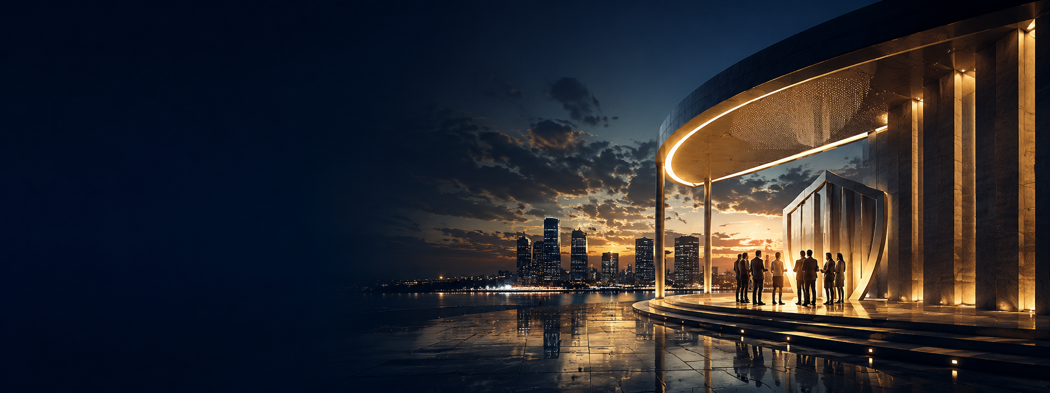 A sharp futuristic civic plaza at dusk representing stakeholder protection, participation, and community-centered governance
