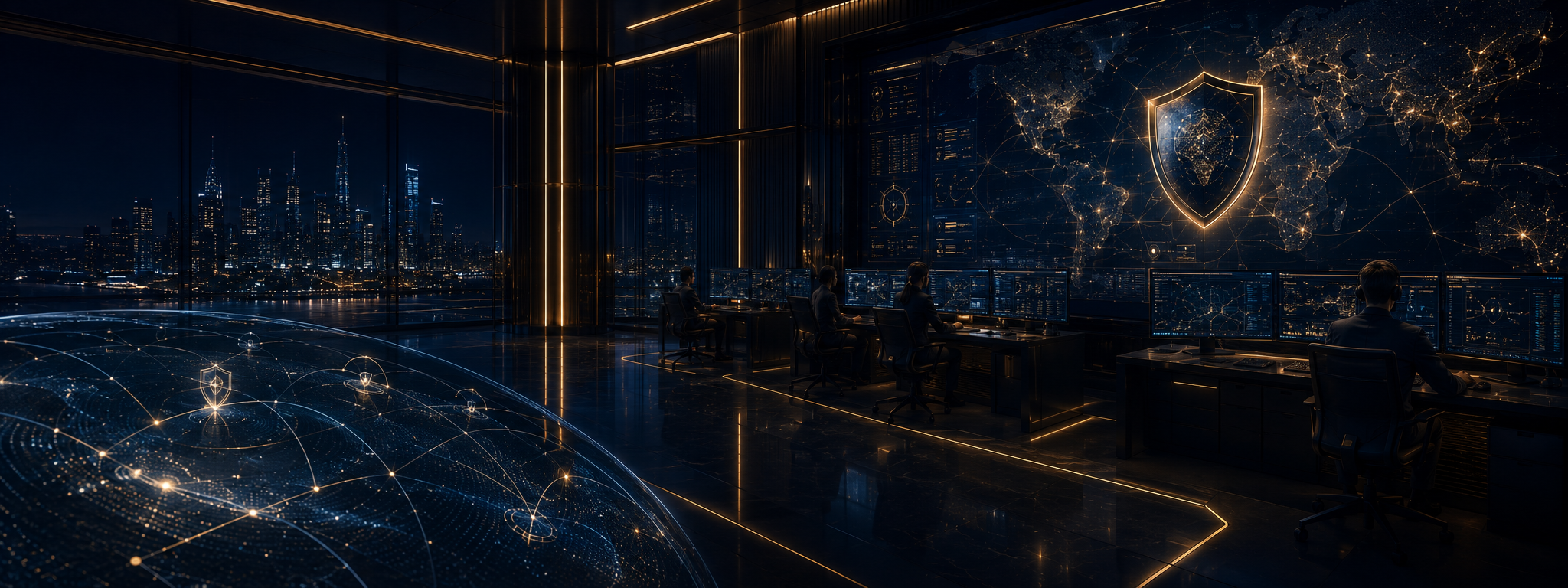 A sophisticated global cybersecurity command center representing confidentiality, integrity, availability, and resilient information protection