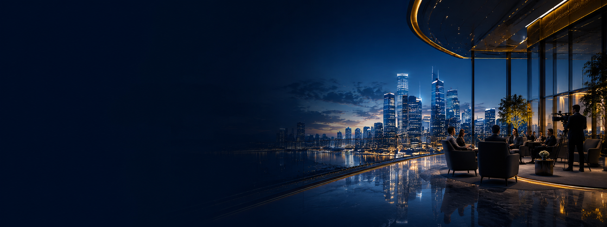 A premium modern corporate lounge with city skyline representing official announcements and executive communication