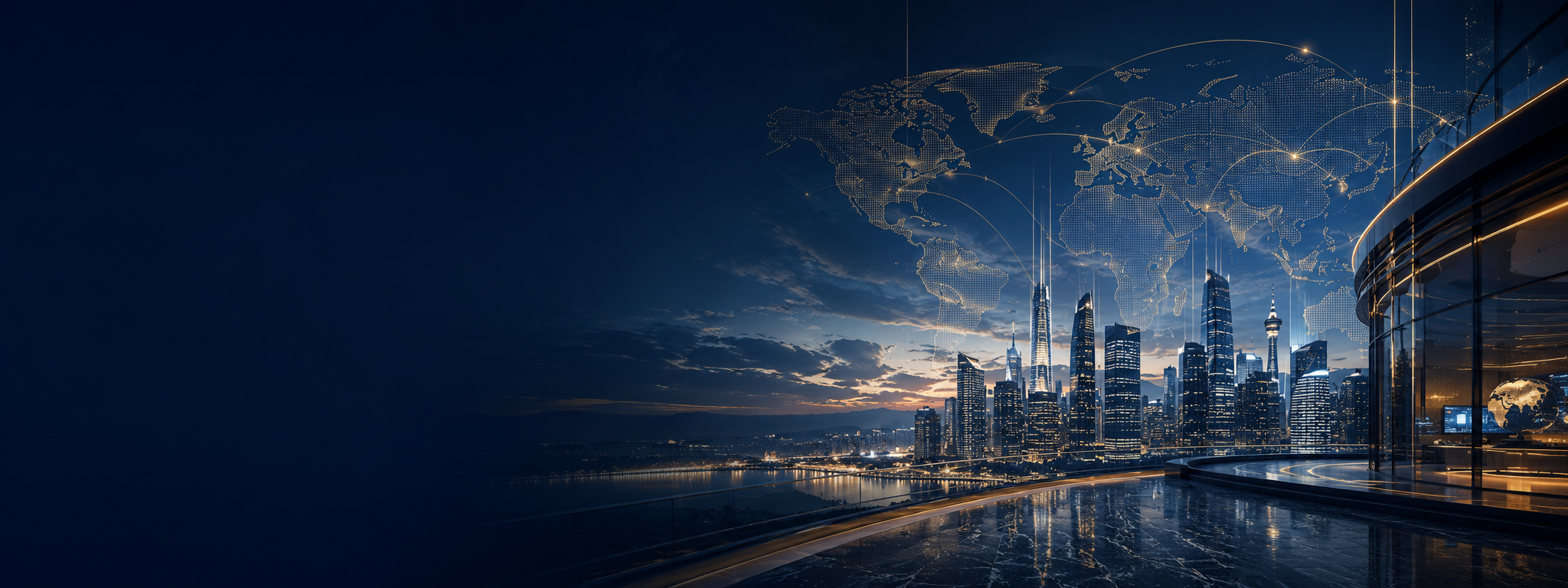 A sharp futuristic city with a glowing digital world map representing verified news, public developments, and global updates
