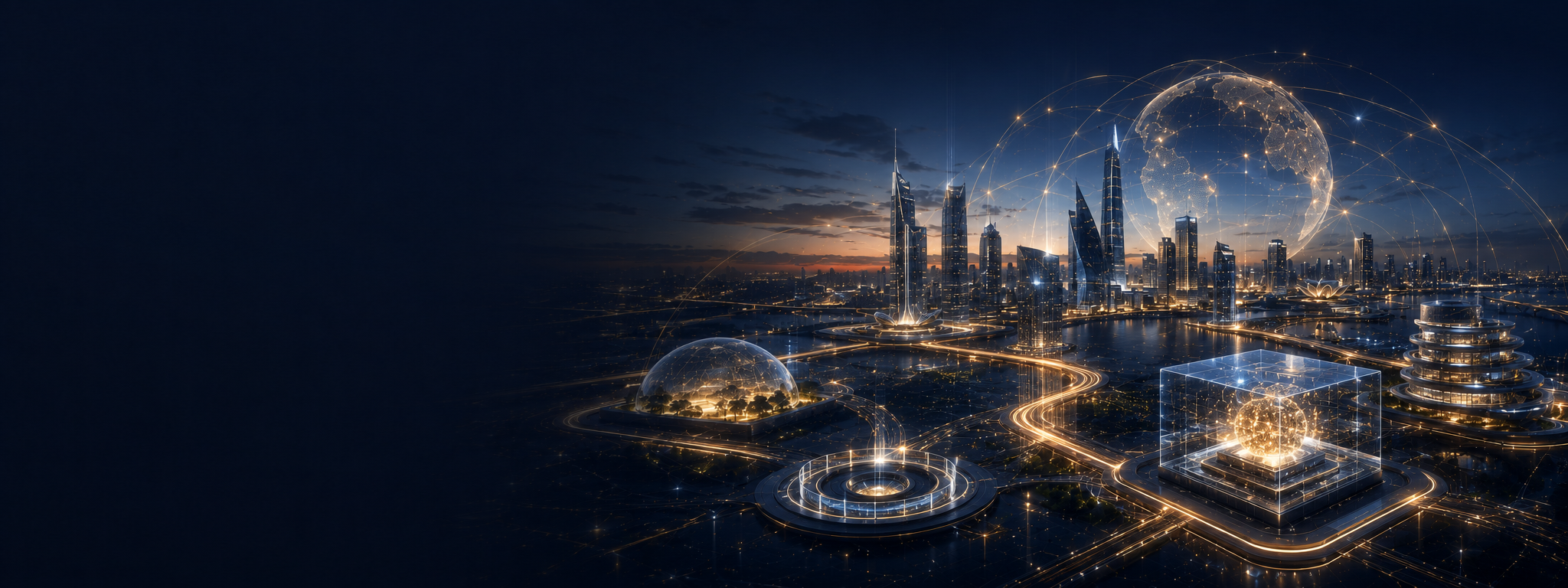A globally connected future technology district representing SGDI projects, digital platforms, infrastructure, and ecosystem development