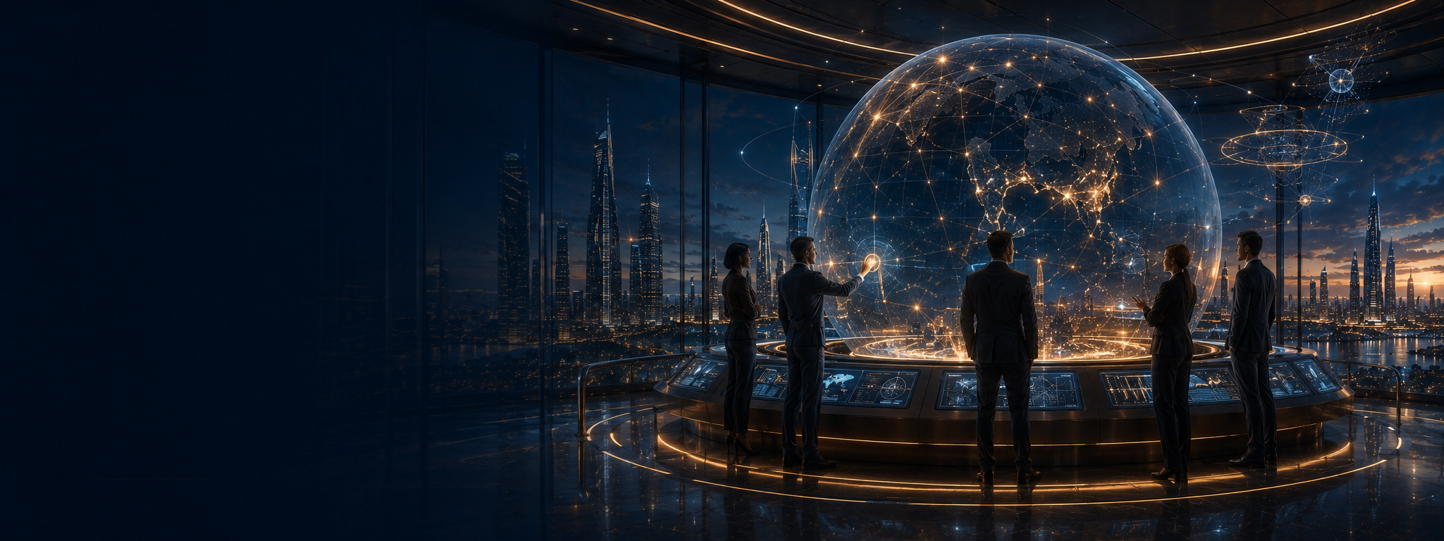 A global institutional observatory with leaders reviewing a connected world, representing openness, public accountability, and responsible oversight