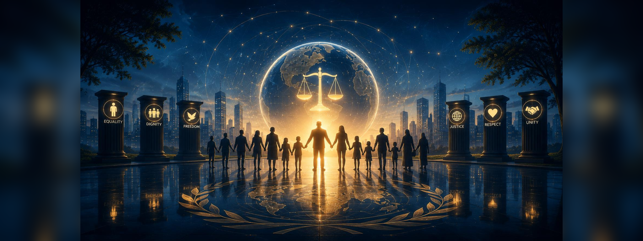 People united beneath a global symbol of justice, equality, dignity, and human rights
